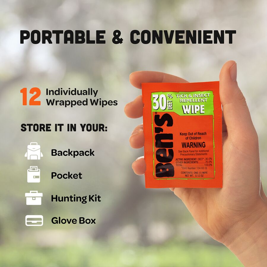 ben's 30% tick & insect repellent wipes 6 ben's 30% tick & insect repellent wipes